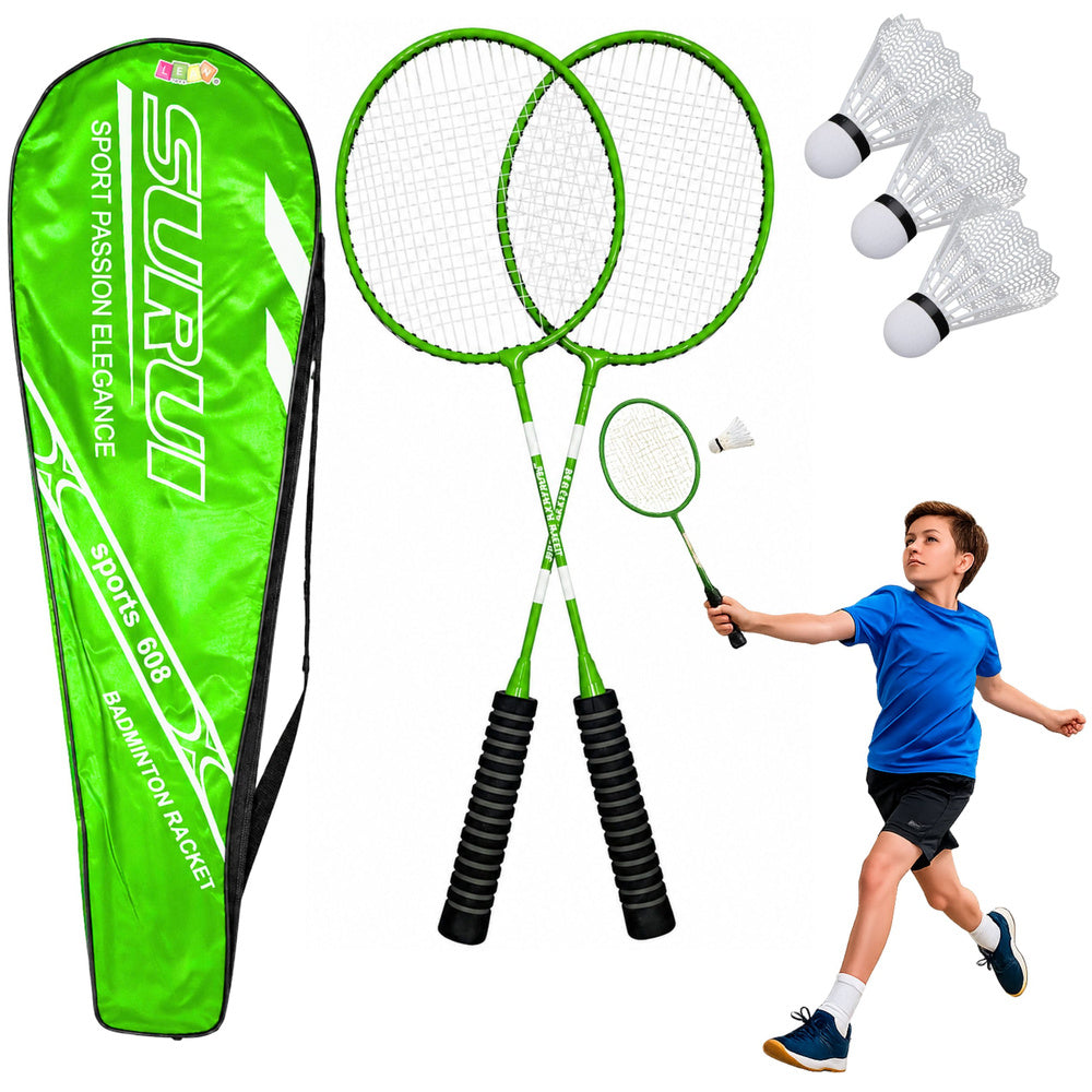 Badminton-Set, bestehend aus Schlägern, 3 Federbällen und einer grünen Hülle