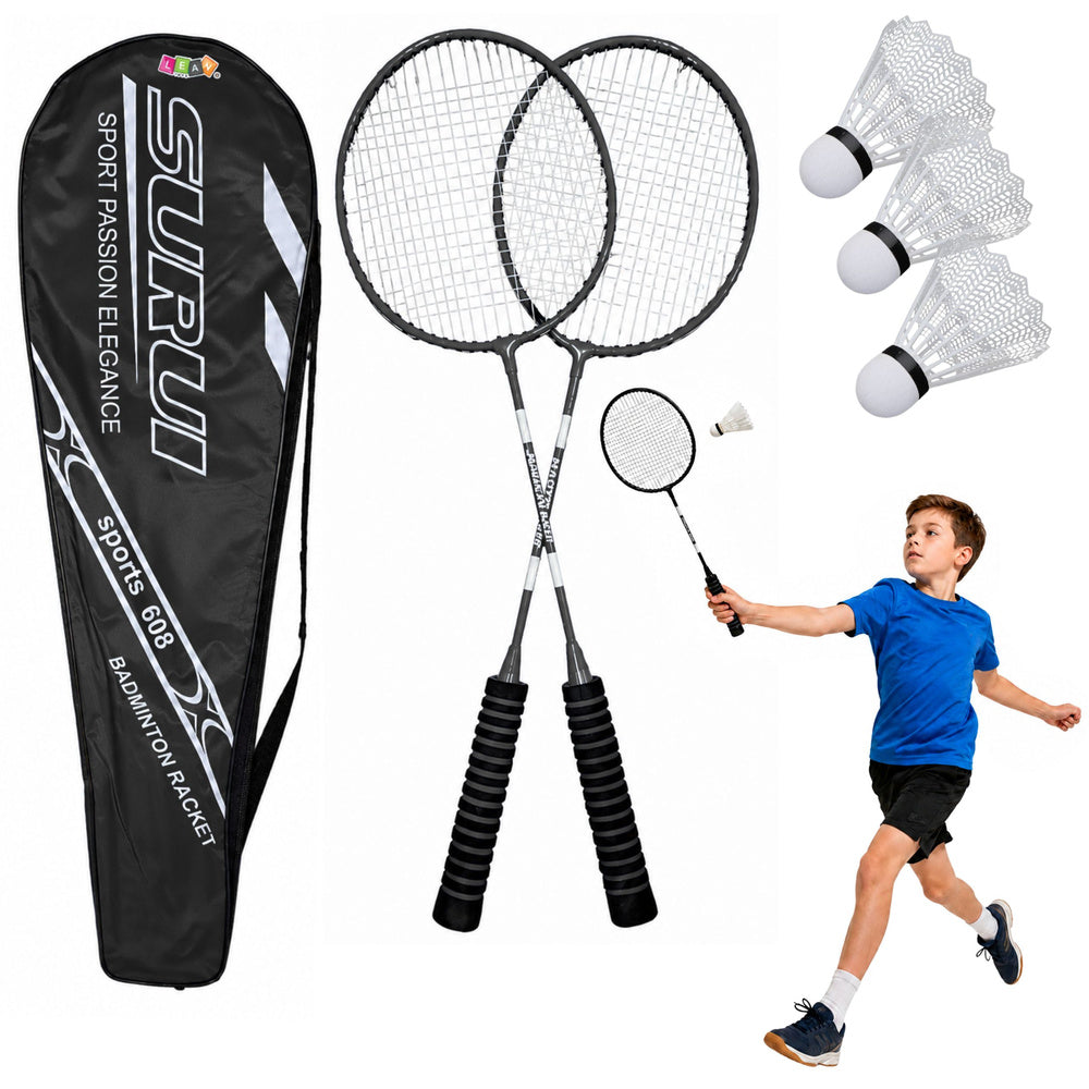 Badminton-Set bestehend aus Schlägern, 3 Federbällen und einer schwarzen Hülle