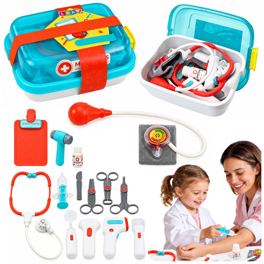 LEAN Toys Medizinischer Koffer für kleine Doktoren, Zubehör, Lichter, Geräusche, 15-teilig