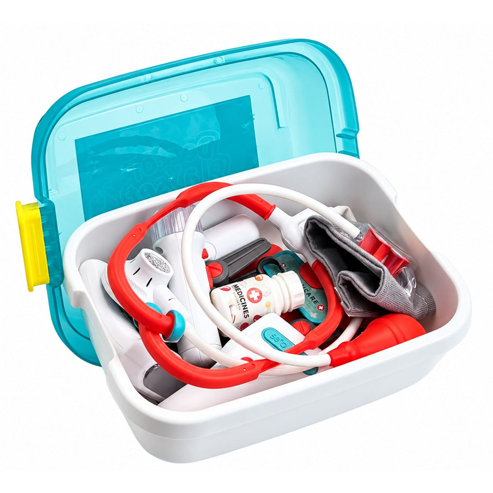 LEAN Toys Medizinischer Koffer für kleine Doktoren, Zubehör, Lichter, Geräusche, 15-teilig – Produktabbildung 2