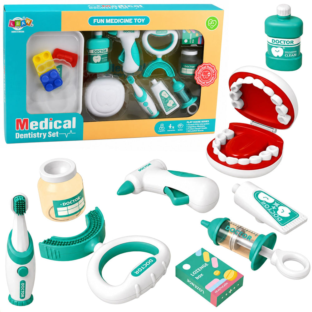 Kleines Zahnarzt-Set, vibrierende Zahnbürste, blau, 15-teilig.