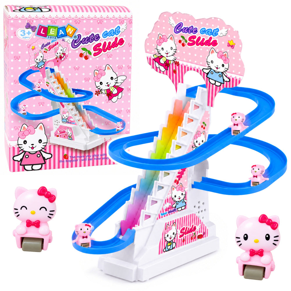 LEAN Toys Rutschbahn für Kätzchen, bewegliche Treppe, Figuren, Lichter, Geräusche