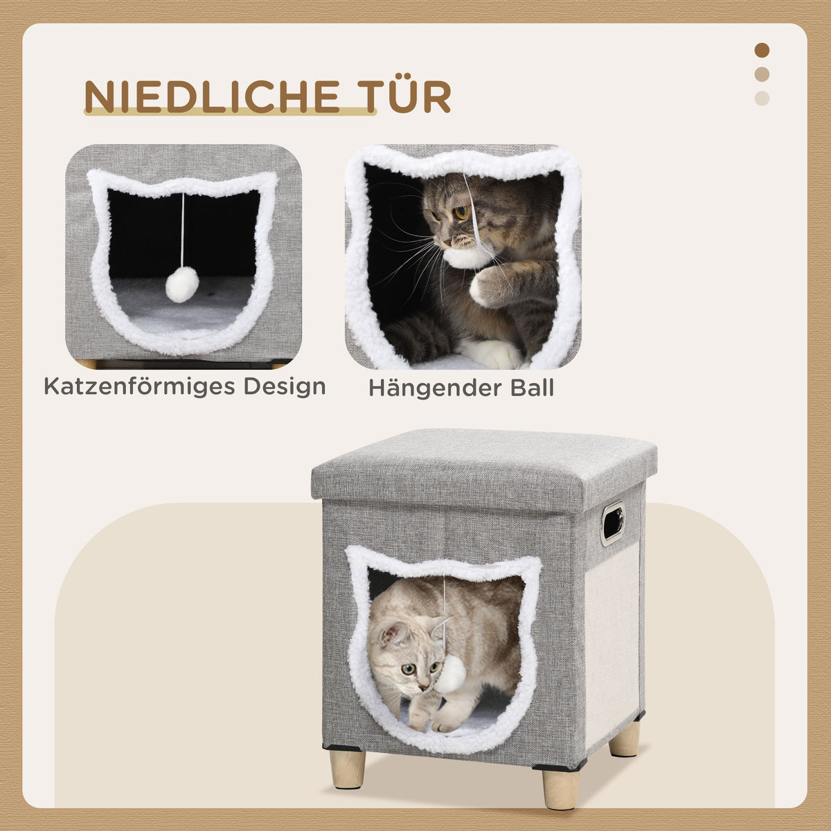 PawHut Katzenhöhle, Katzenhaus, inkl. Spielball, waschbares Kissen, 35,5 cm x 35,5 cm x 42,5 cm – Produktabbildung 7