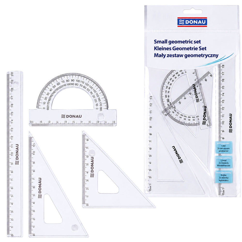 LEAN School DONAU Kleines Geometrie-Set mit 20 cm Lineal Geodreiecken und Winkelmesser Transparent