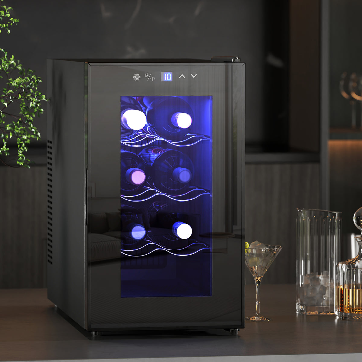 HOMCOM Weinkühlschrank für 8 Flaschen, 21L, Thermoelektrik, verstellbare Regal, LED-Beleuchtung, Schwarz – Produktabbildung 2