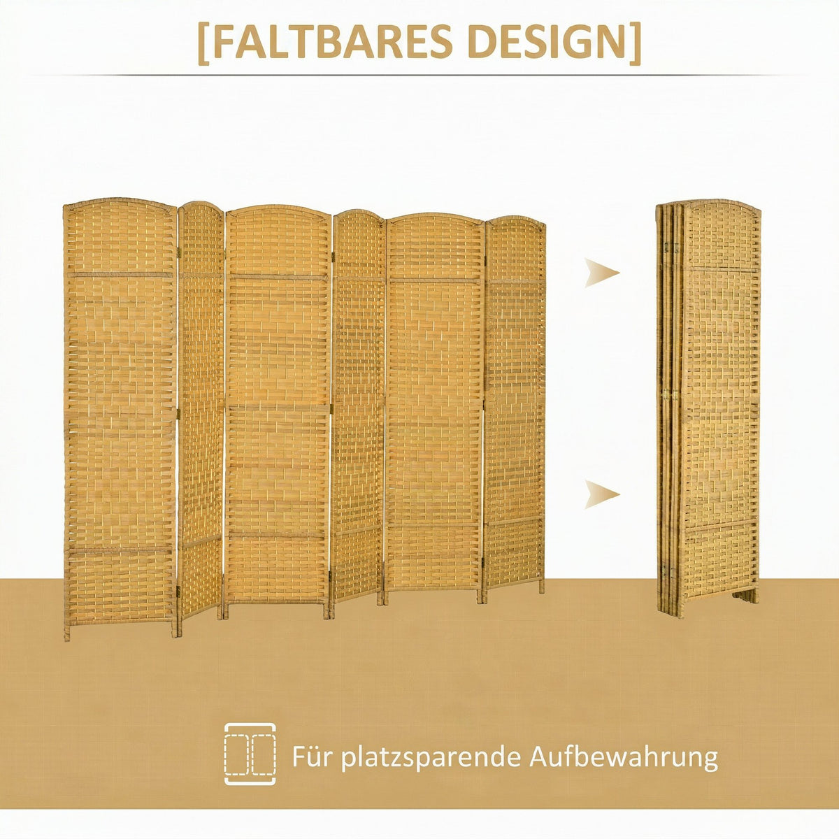 HOMCOM Raumteiler, 6-teilig faltbare Trennwand, Geflechtmuster, Kiefernholz, Naturholz – Produktabbildung 4