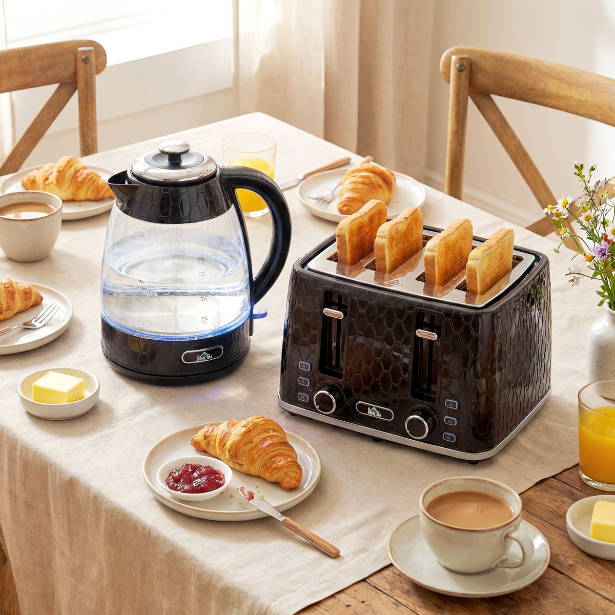 HOMCOM 1,7L 2200W Schnellkoch-Wasserkocher und 4-Scheiben-Toaster-Set mit Kalkfilter, Schwarz – Produktabbildung 2