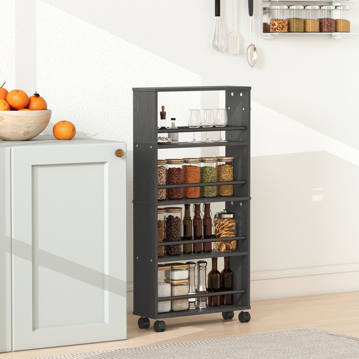 HOMCOM Multifunktionsregal mit Rollen, schmale Bauweise, 4 Fächer, 45x15x91 cm, Schwarz – Produktabbildung 2