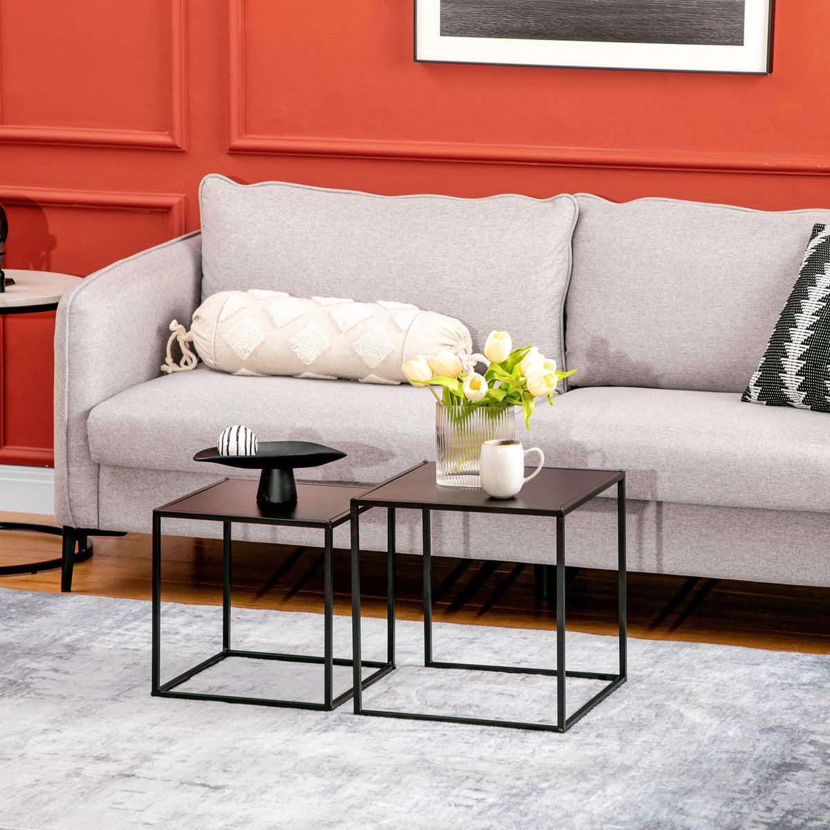 HOMCOM Beistelltisch, Couchtisch, Satztisch, 2er-Set, modernes Design, Stahlrahmen, schwarz, 40 x 40 x – Produktabbildung 2