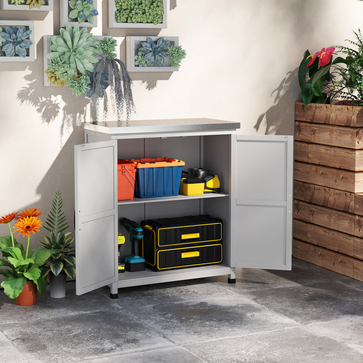 Outsunny Gartenschrank, Außenschrank mit Arbeitsfläche, Werkzeugschrank, Massivholz, Stahl, 79B x 43T x – Produktabbildung 2