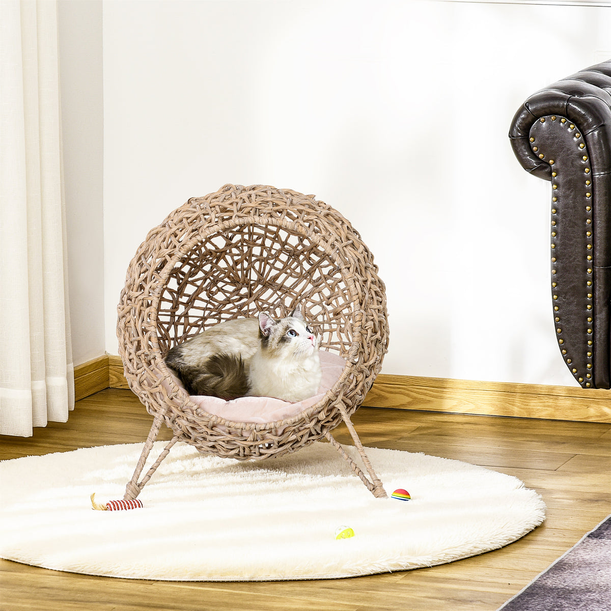 PawHut Katzenhaus aus Rattan mit Kissen Katzenschlafplatz Katzenhöhle mit erhöhten Füßen Natur Ø52 x 58 – Produktabbildung 2