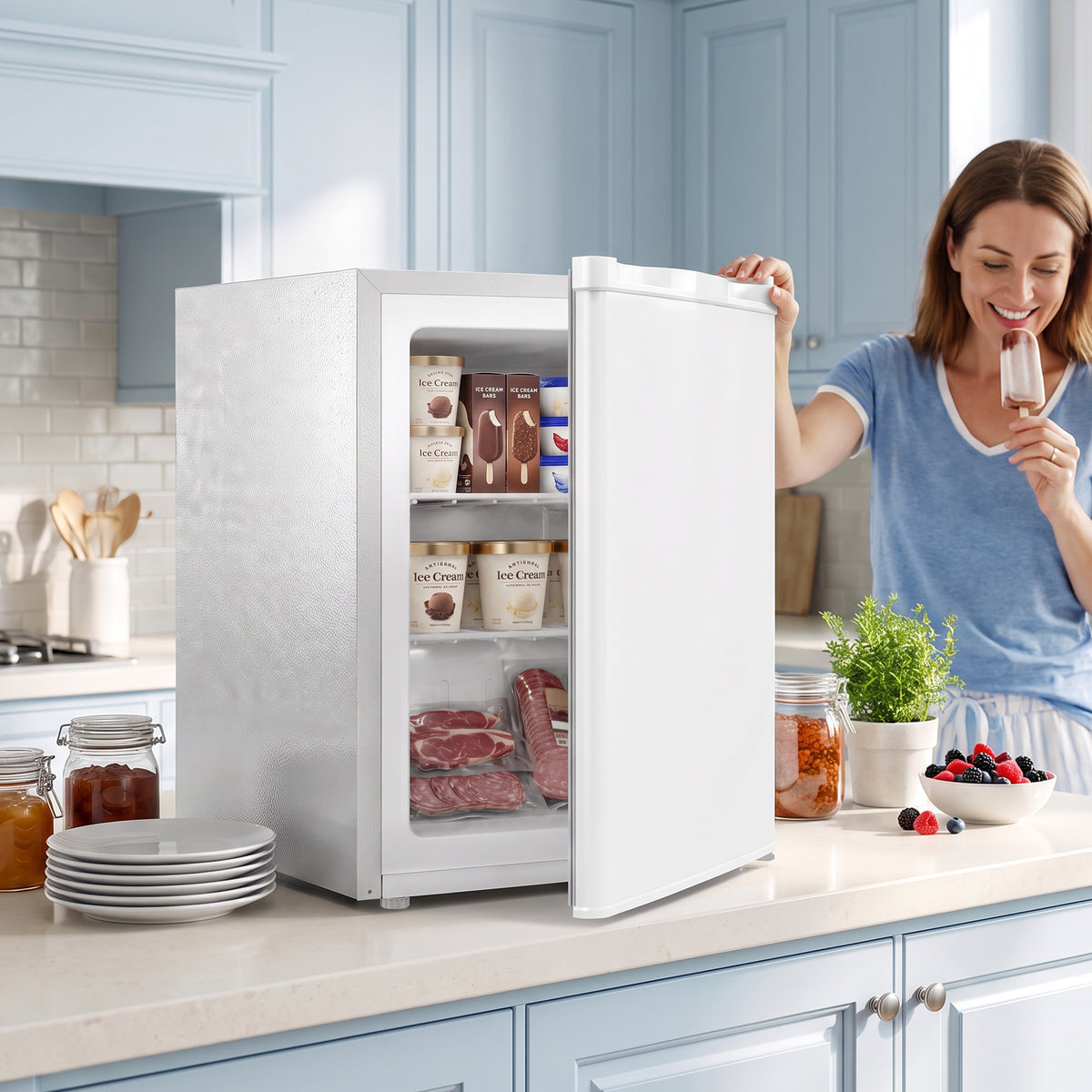 HOMCOM Mini-Gefrierschrank 59 l, Tisch-Gefrierschrank, Türanschlag wechselbar, Ablagen entnehmbar, Temp – Produktabbildung 2
