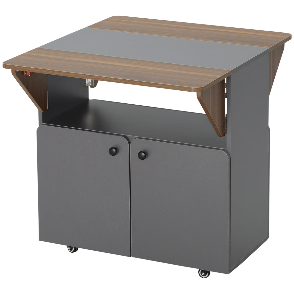 HOMCOM Klapptisch Rollschrank, zwei klappbare Tischseiten, Schrankfach, 4 Rollen, Hellgrau+Dunkelbraun, 70 x