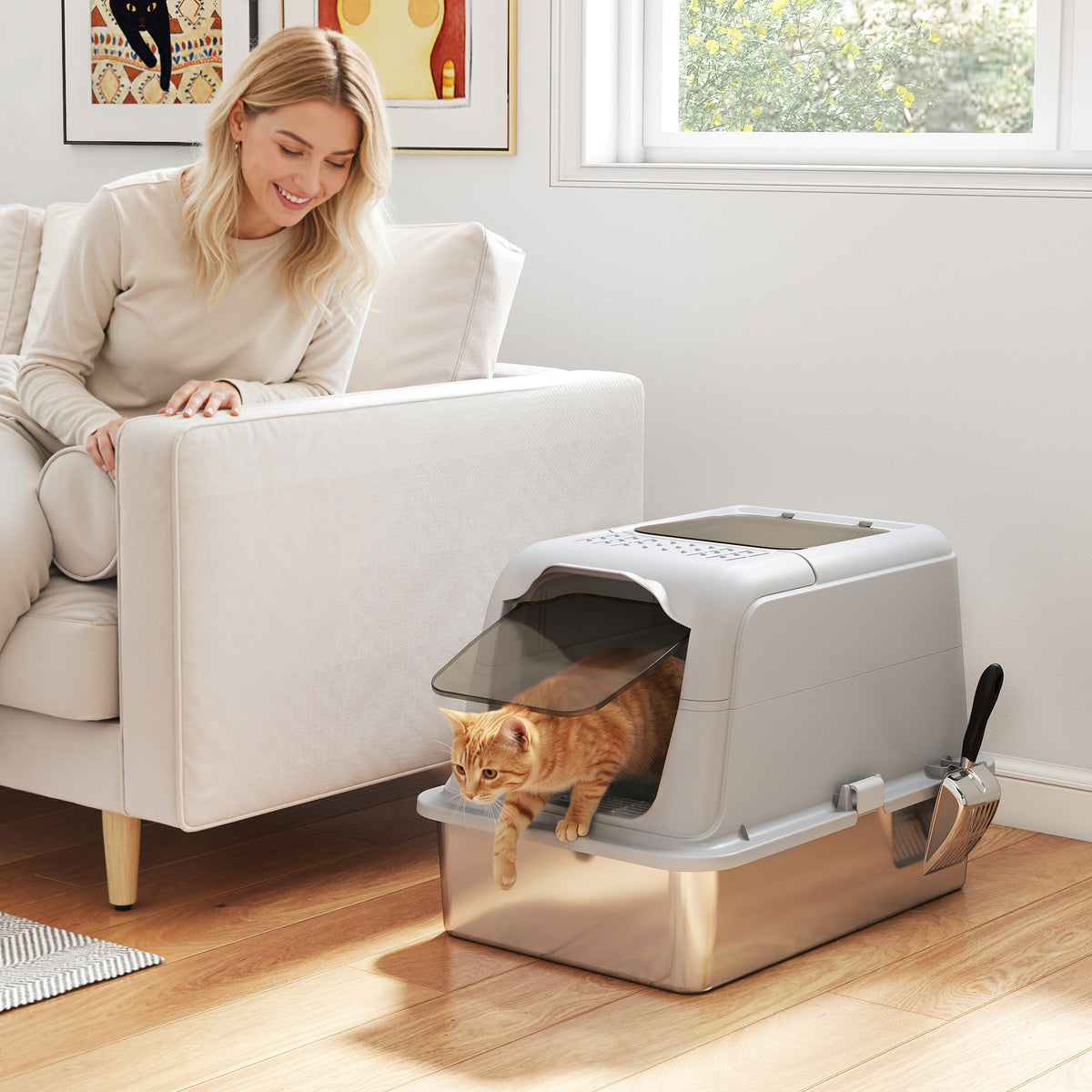 PawHut Katzenklo, Katzentoilette mit Deckel, Streuschaufel, vorne Eingang und ober Ausgang Edelstahl bis – Produktabbildung 2
