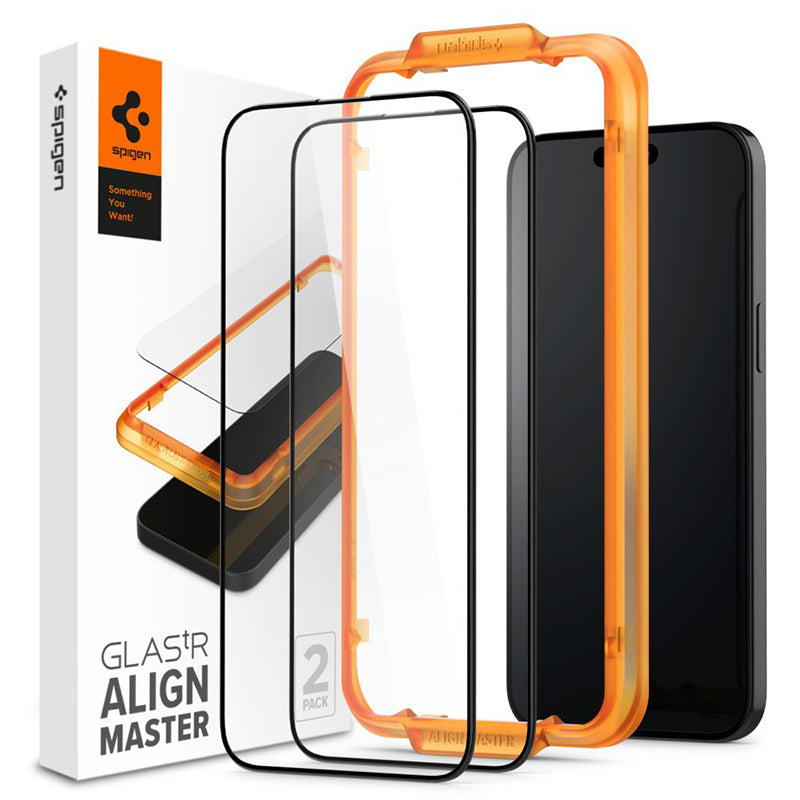 Spigen Alm Glass FC 2-Pack - gehärtetes Glas für iPhone 15 2Stk. (schwarz Rahmen)