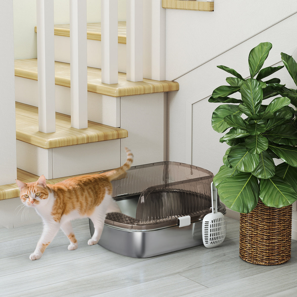 PawHut Katzenklo Edelstahl, Katzentoilette mit hohem Rand, Wanne, inklusive Schaufel, für große Katzen – Produktabbildung 7