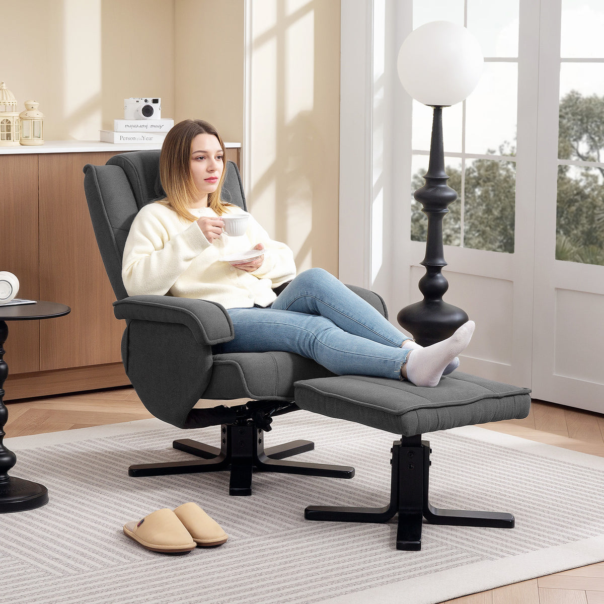 HOMCOM Schaukelbarer Relaxsessel mit Fußhocker, Stoffbezug in Samtoptik, drehbarer Polstersessel – Produktabbildung 2
