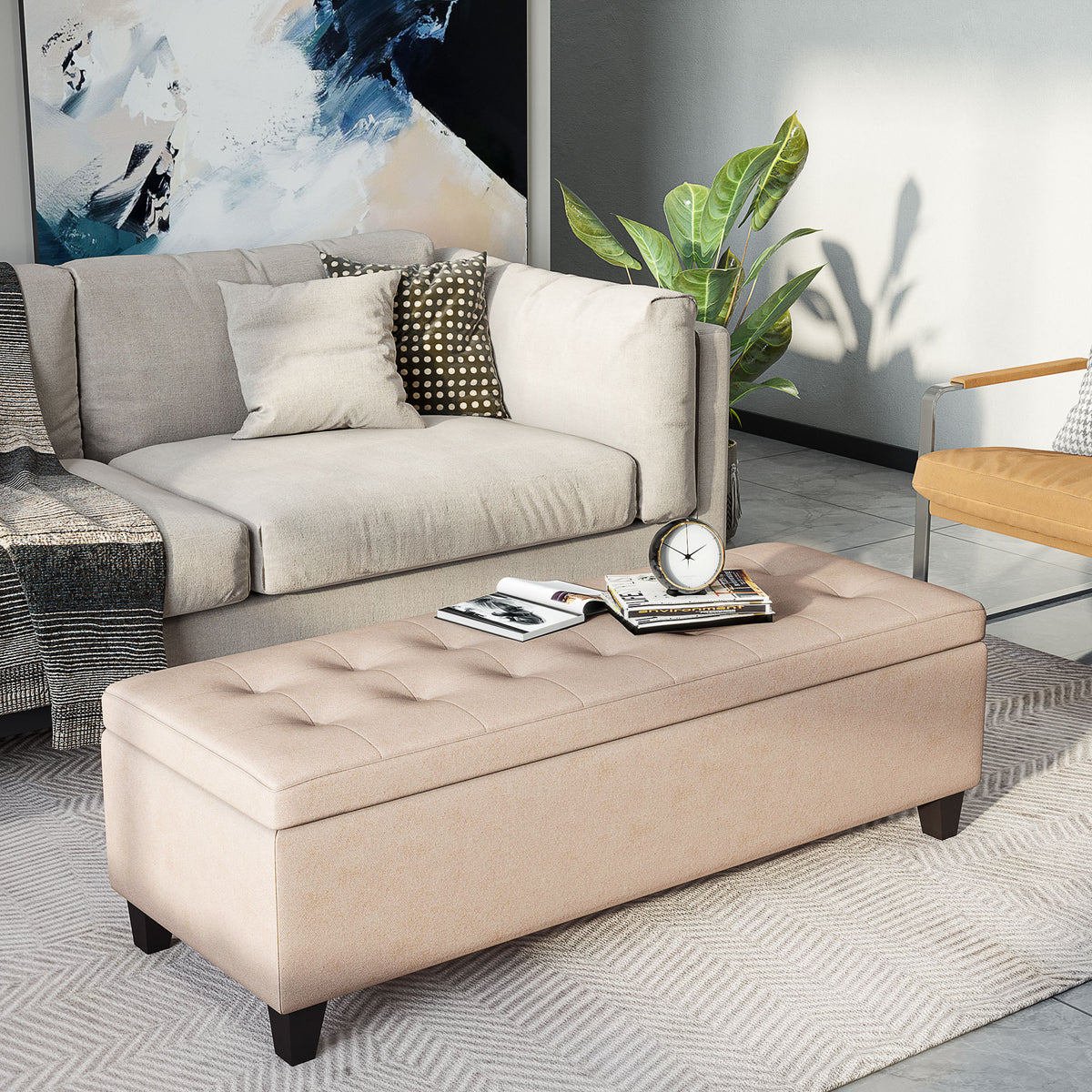 HOMCOM Polsterbank mit Stauraum, Knopfheftung, bis 120 kg, 125 x 49 x 41,5 cm, Beige – Produktabbildung 2