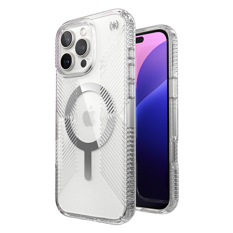 Hülle Speck Presidio Perfect-Clear Grip MagSafe für iPhone 16 Pro Max (transparent / verchromt / silber)