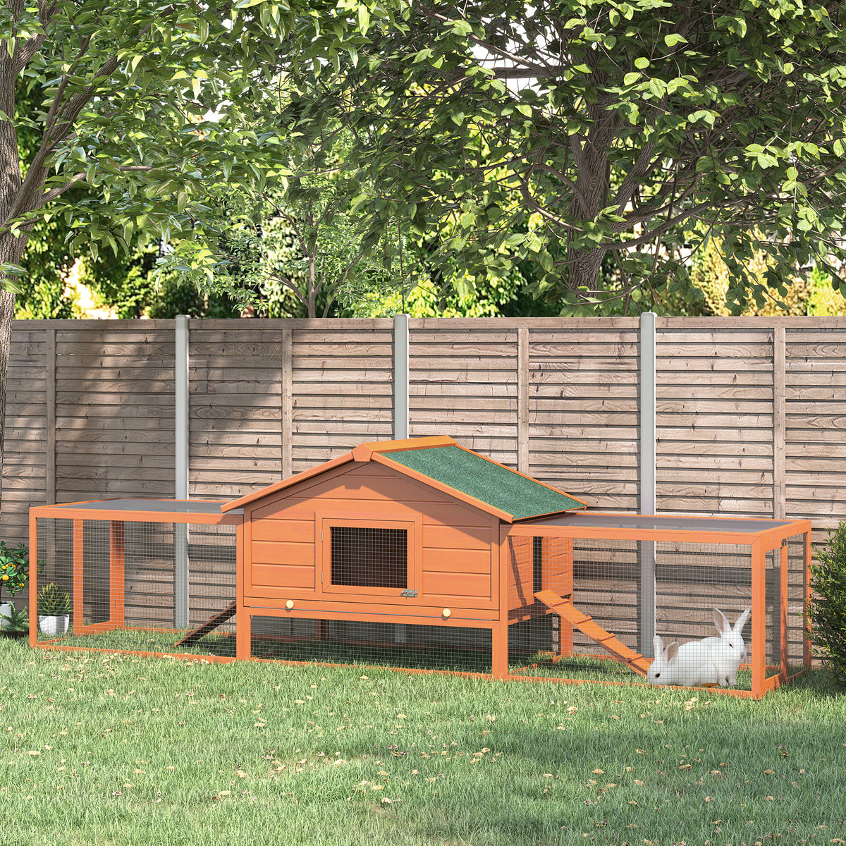 PawHut Kleintierstall Kleintierkäfig, 2 Freigehegen, 2 Rampen, 309 cm x 79 cm x 86 cm, Natur + Grün – Produktabbildung 2