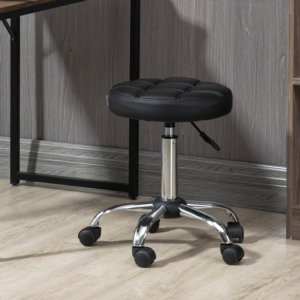 HOMCOM Drehhocker, Salonhocker, höhenverstellbar, Kunstleder, Steppdesign, Schwarz/Silber – Produktabbildung 2