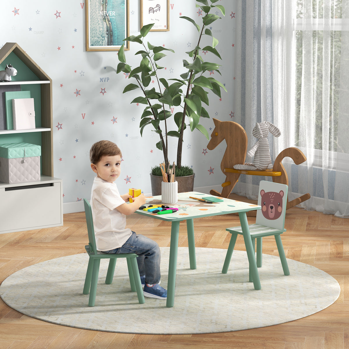 Sitzgruppe für Kinder 3-8 Jahre, 1 Tisch & 2 Stühle, niedliches Tiermotiv, Grün – Produktabbildung 2