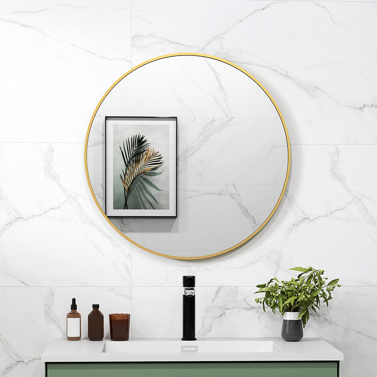 HOMCOM 70 x 70 cm runder Badezimmerspiegel, Wandmontage, goldfarbener Rahmen – Produktabbildung 2