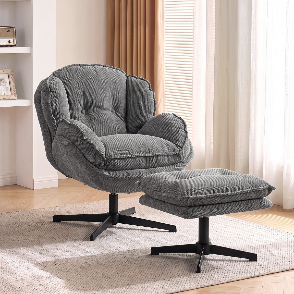 HOMCOM Sessel mit verstellbarem Fußhocker, 360° drehbar, Chenille-Bezug, dicke Polsterung, Grau – Produktabbildung 2