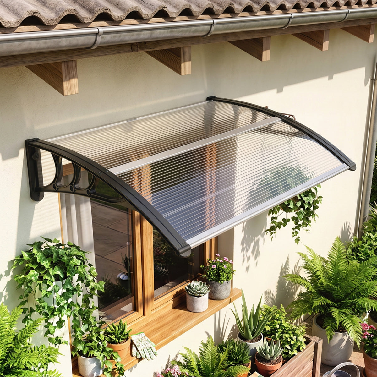 Outsunny Vordach Haustürvordach 100 x 75 cm Pultvordach Überdachung Polycarbonat Transparent – Produktabbildung 2