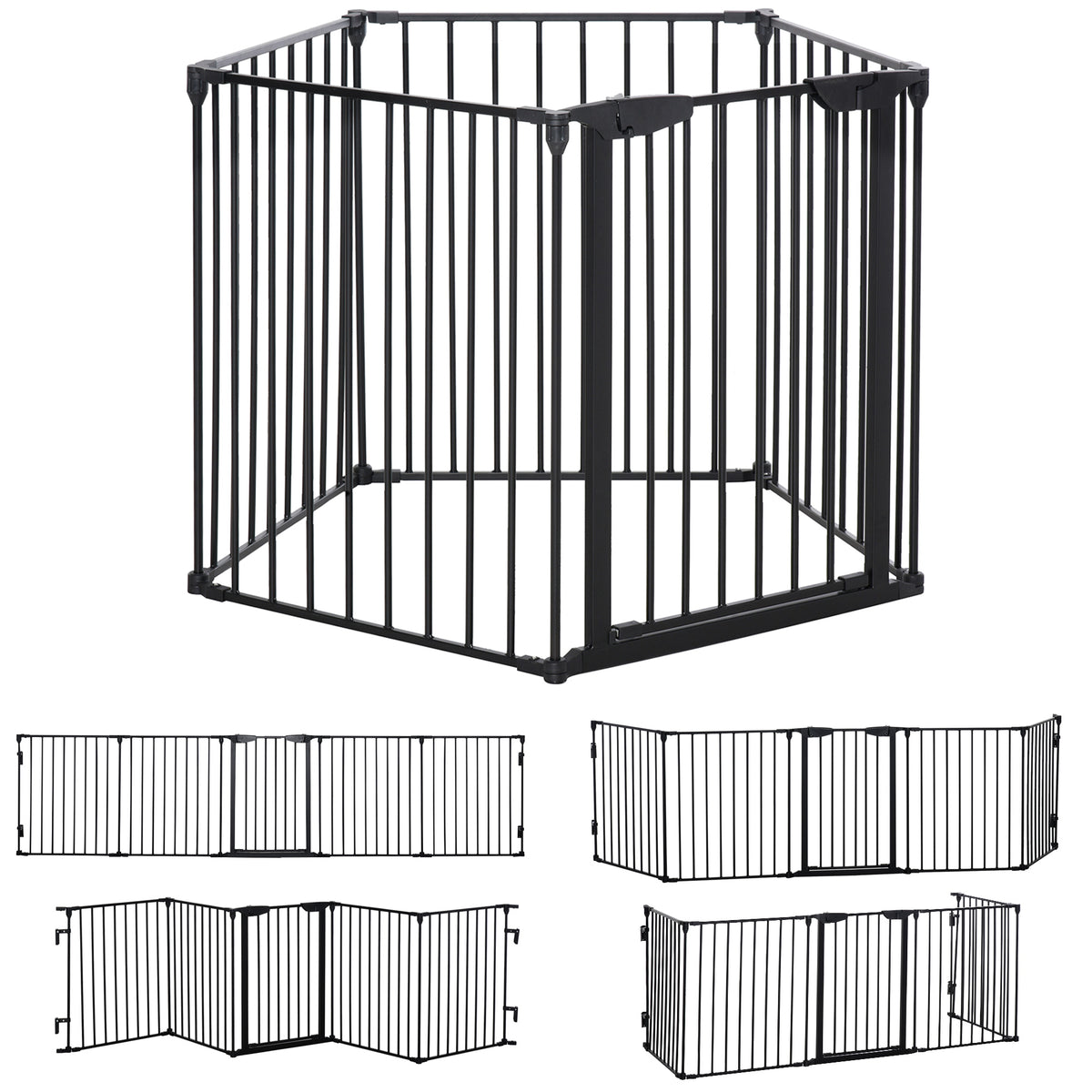 PawHut 2-in-1 Absperrgitter, Haustier-Laufstall, Sicherheitstor, faltbar, Metall, 300 x 3 x 74,5 cm, Schwarz