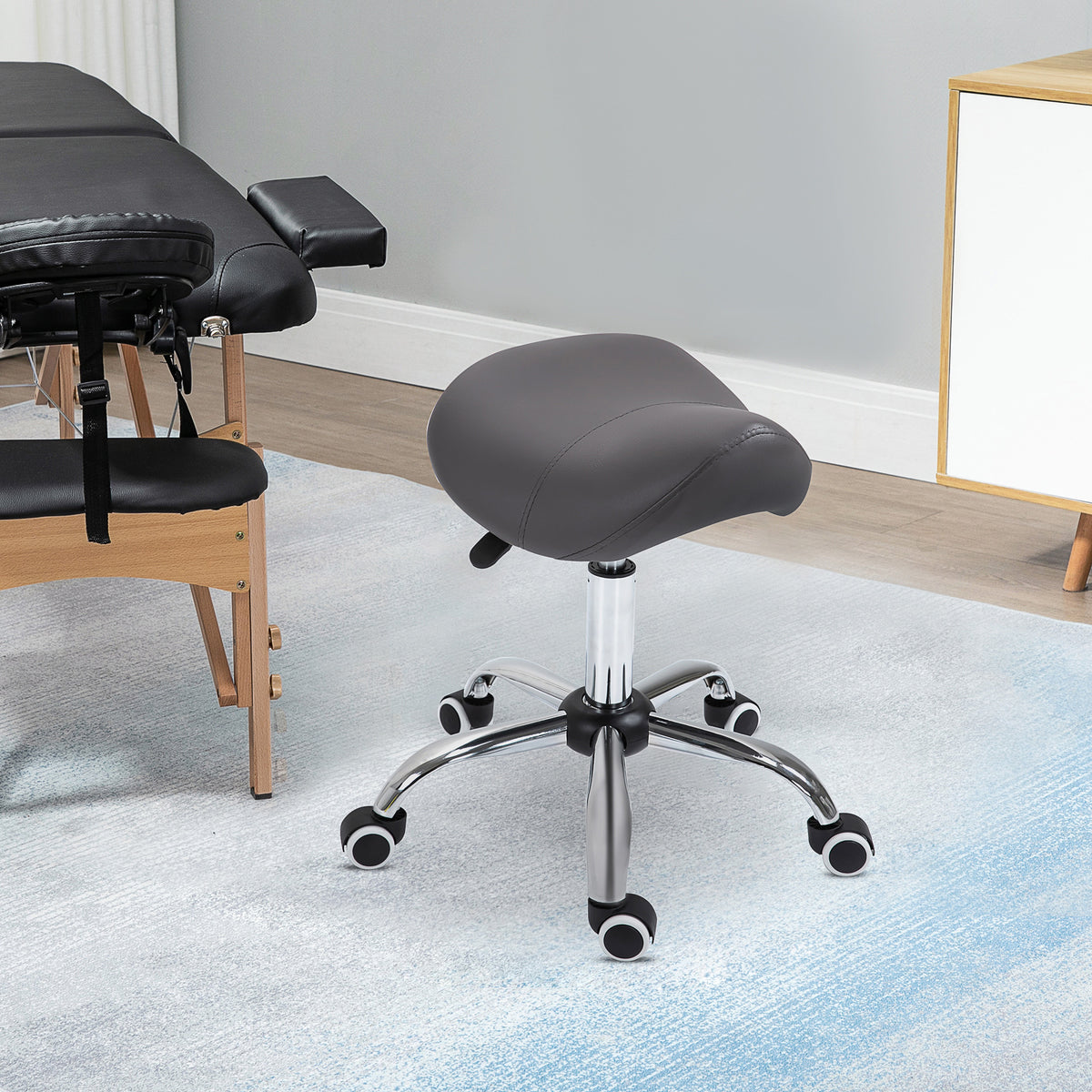 HOMCOM Rollhocker, sattelförmiger Sitz, höhenverstellbar, um 360° drehbar, Kunstleder, dunkelgrau, 53 x – Produktabbildung 2