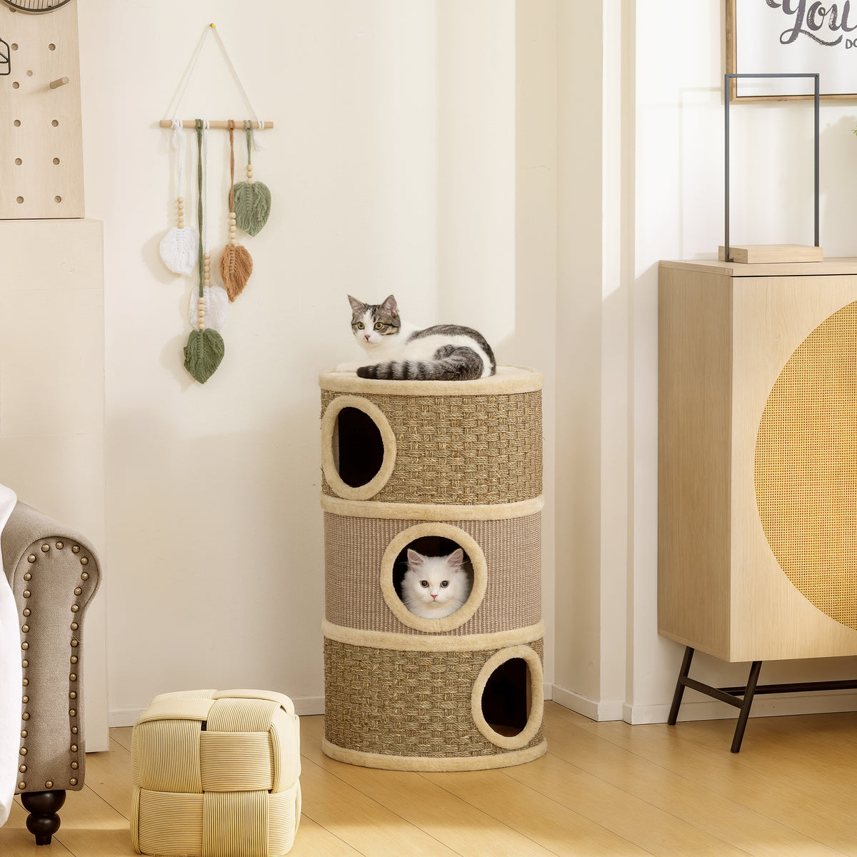 PawHut Kratztonne, 79 cm hoch, Ø45 cm, dreistöckige Katzentonne mit Sisalseil, Katzenhöhle, für große – Produktabbildung 2