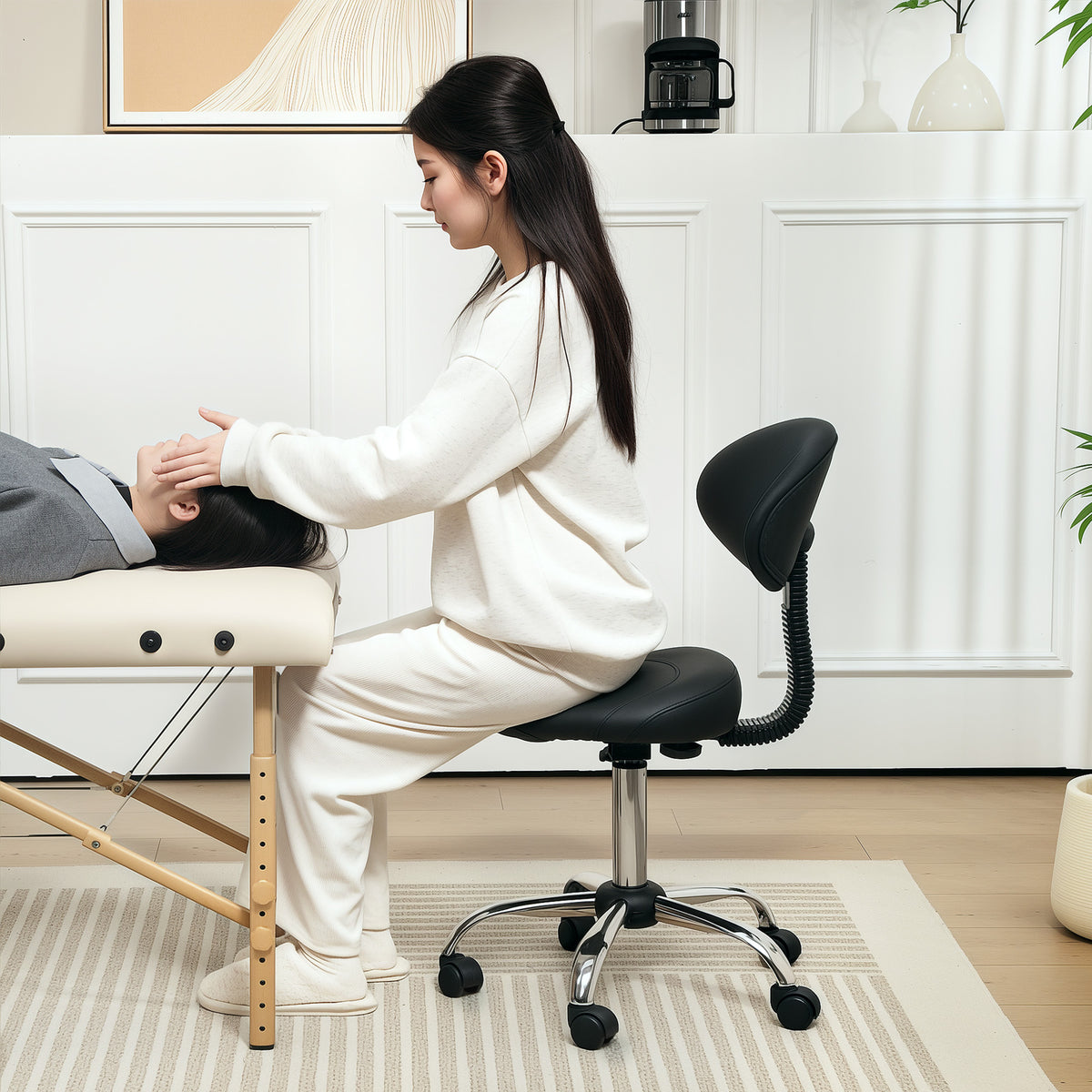 HOMCOM Rollhocker höhenverstellbar mit Rückenlehne Drehhocker 83-98 cm Arbeitshocker 360° drehbar für – Produktabbildung 2