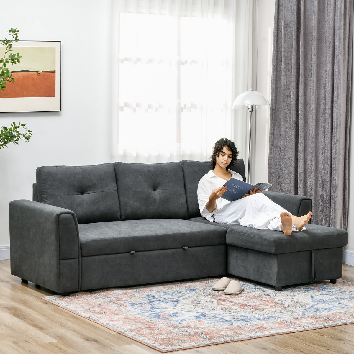 HOMCOM 3-Sitzer-Sofa mit Bettfunktion, Schlafsofa mit Chaiselongue, Polstersofa, Dunkelgrau – Produktabbildung 2