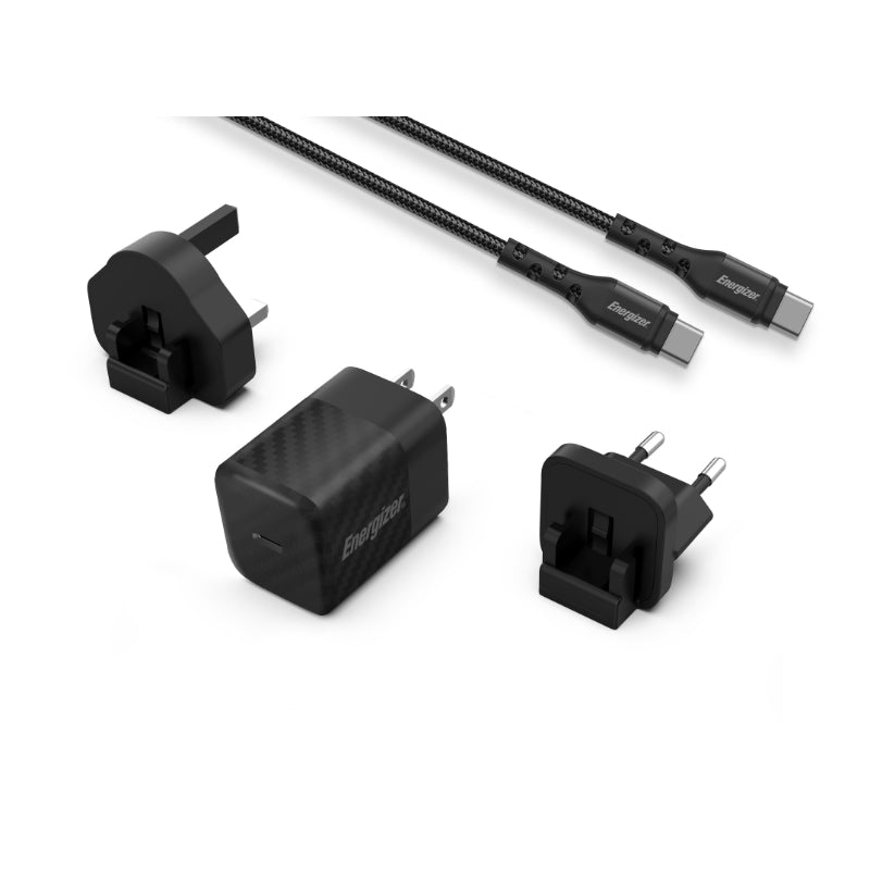 Energizer Ultimate - Multiplug EU / UK / US GaN 20W PD Netzladegerät + Kabel USB-C (schwarz)