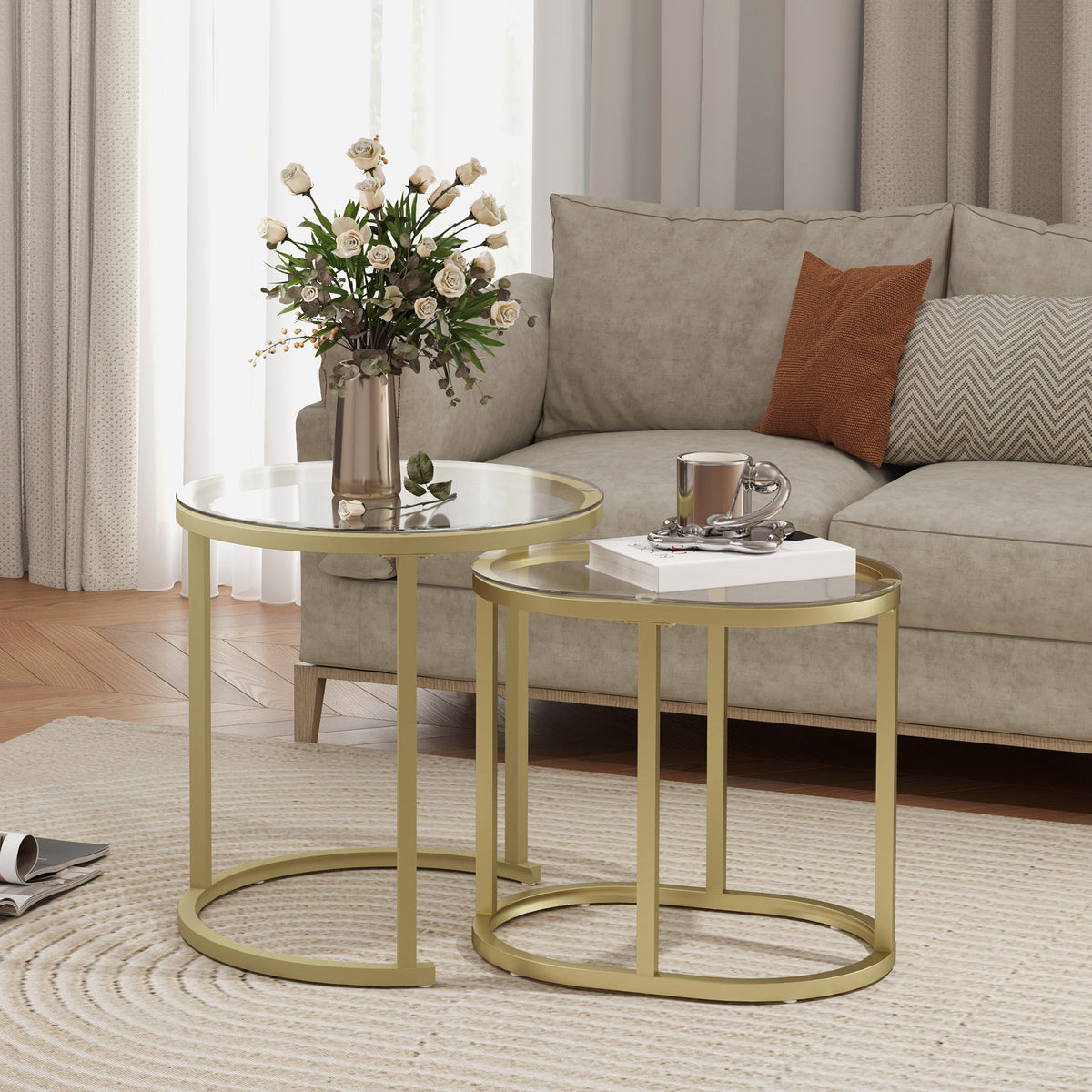 HOMCOM 2er-Set Couchtisch, Ovaler und runder Kaffeetisch, stapelbar, Stahl, Ø50 x 50,5H cm, Gold – Produktabbildung 2