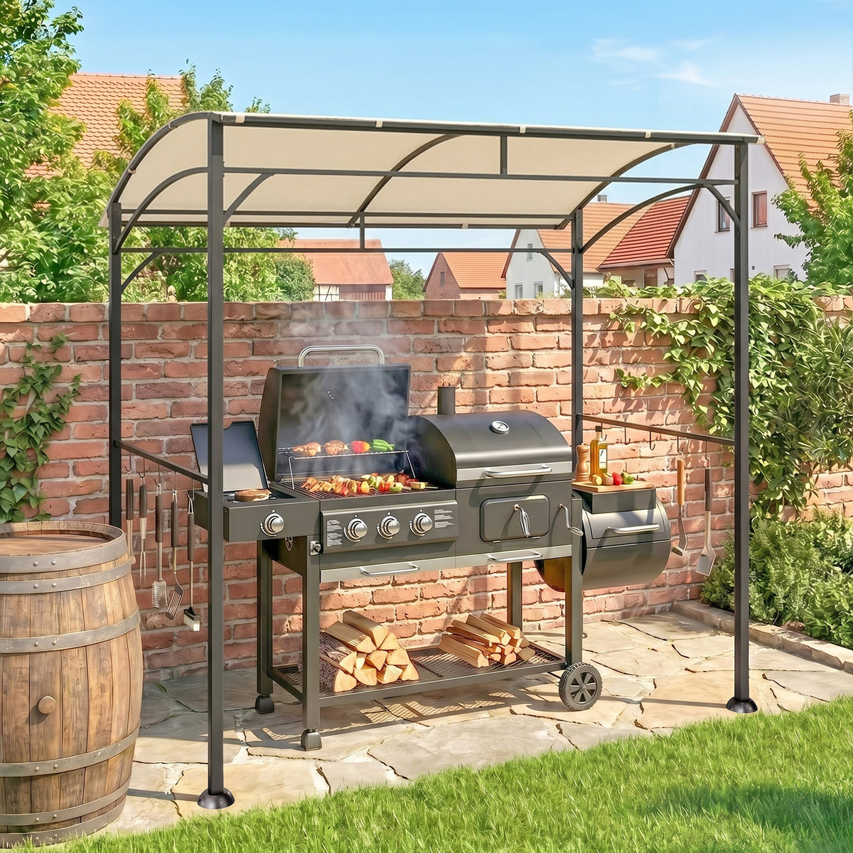 Outsunny Grillpavillon, Grillüberdachung, Regenschutz, Haken für Utensilien, Stahlrahmen, Beige+Schwarz – Produktabbildung 2