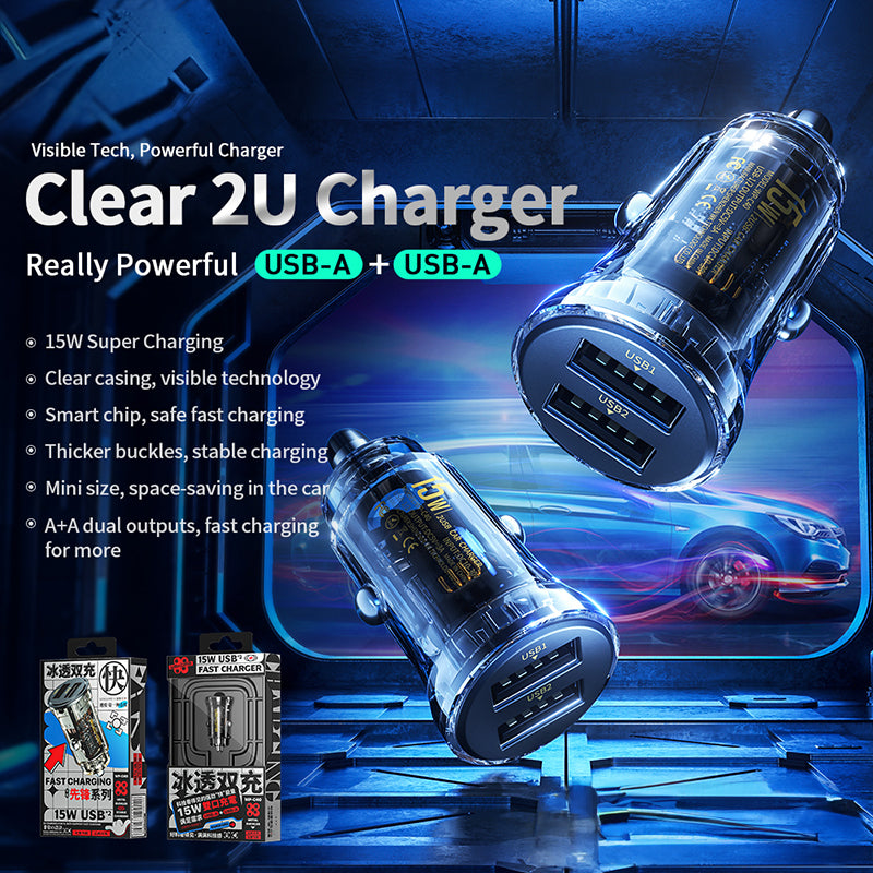 WEKOME WP-C40 Vanguard Series - Autoladegerät 2 x USB s schnellem Laden 15W (schwarz / transparent) – Produktabbildung 2