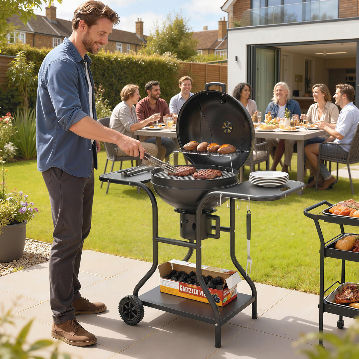 Outsunny Holzkohlegrill BBQ Smoker mit Seitentischen Deckel Thermometer Räder 129 x 63,5 x 106,5 cm – Produktabbildung 2