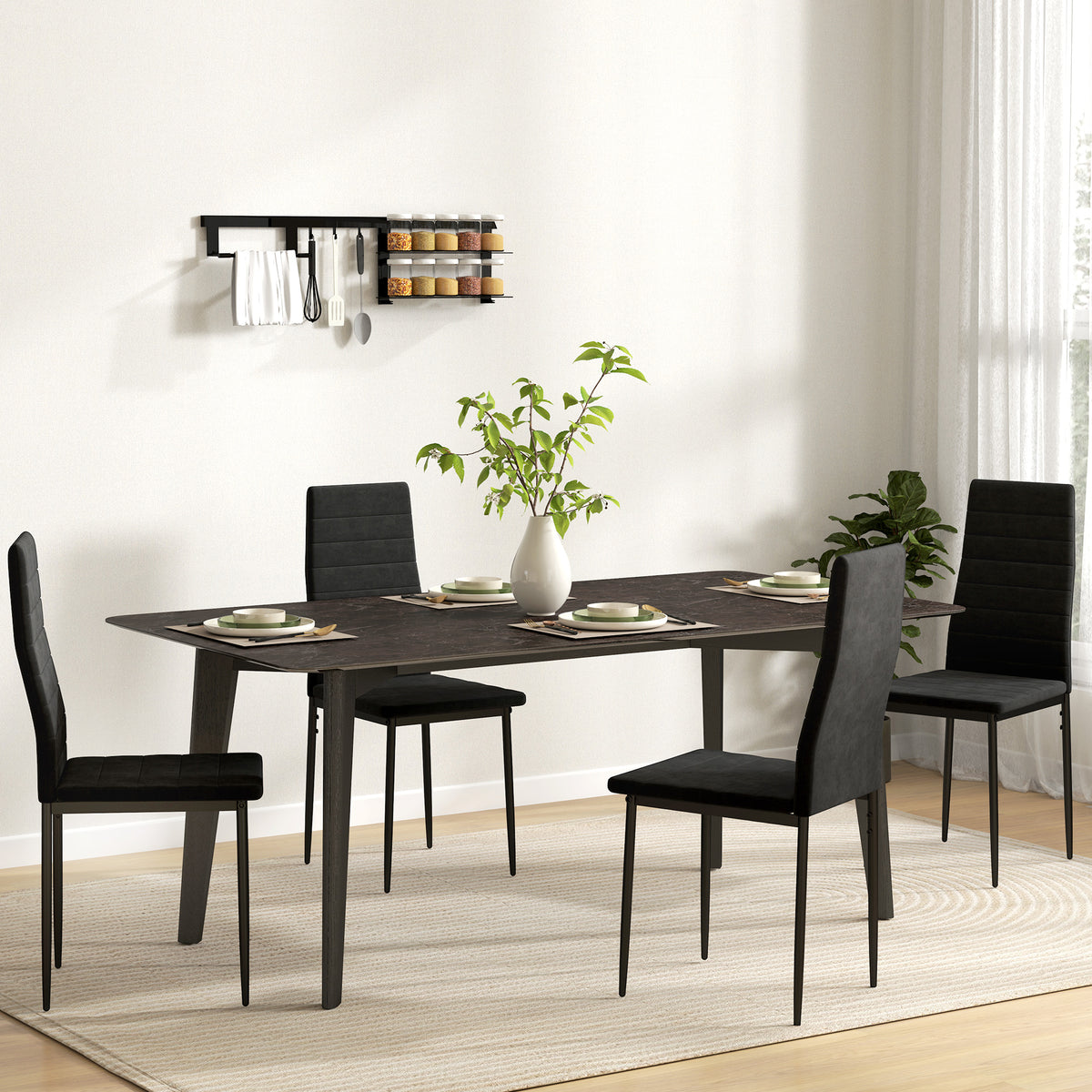HOMCOM 4er-Set Esszimmerstühle, armloses Design, Stoffpolsterung, Metallbeine, Schwarz – Produktabbildung 2