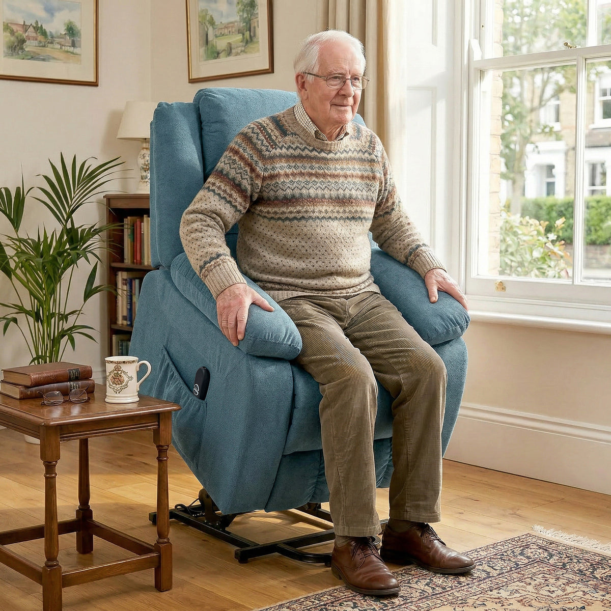 HOMCOM Aufstehsessel mit weichem Bezug, Recliner-Sessel mit Fernbedienung und Seitentaschen, Blau – Produktabbildung 2