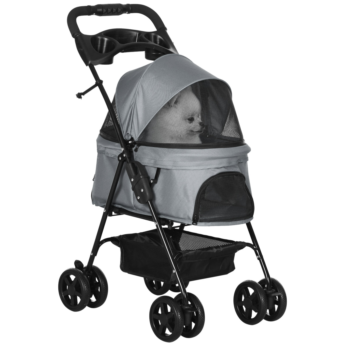 PawHut Hundebuggy Hundewagen bis 4 kg Klappbar Netzfenster Bodenkorb Becherhalter abnehmbares Dach grau 67 x