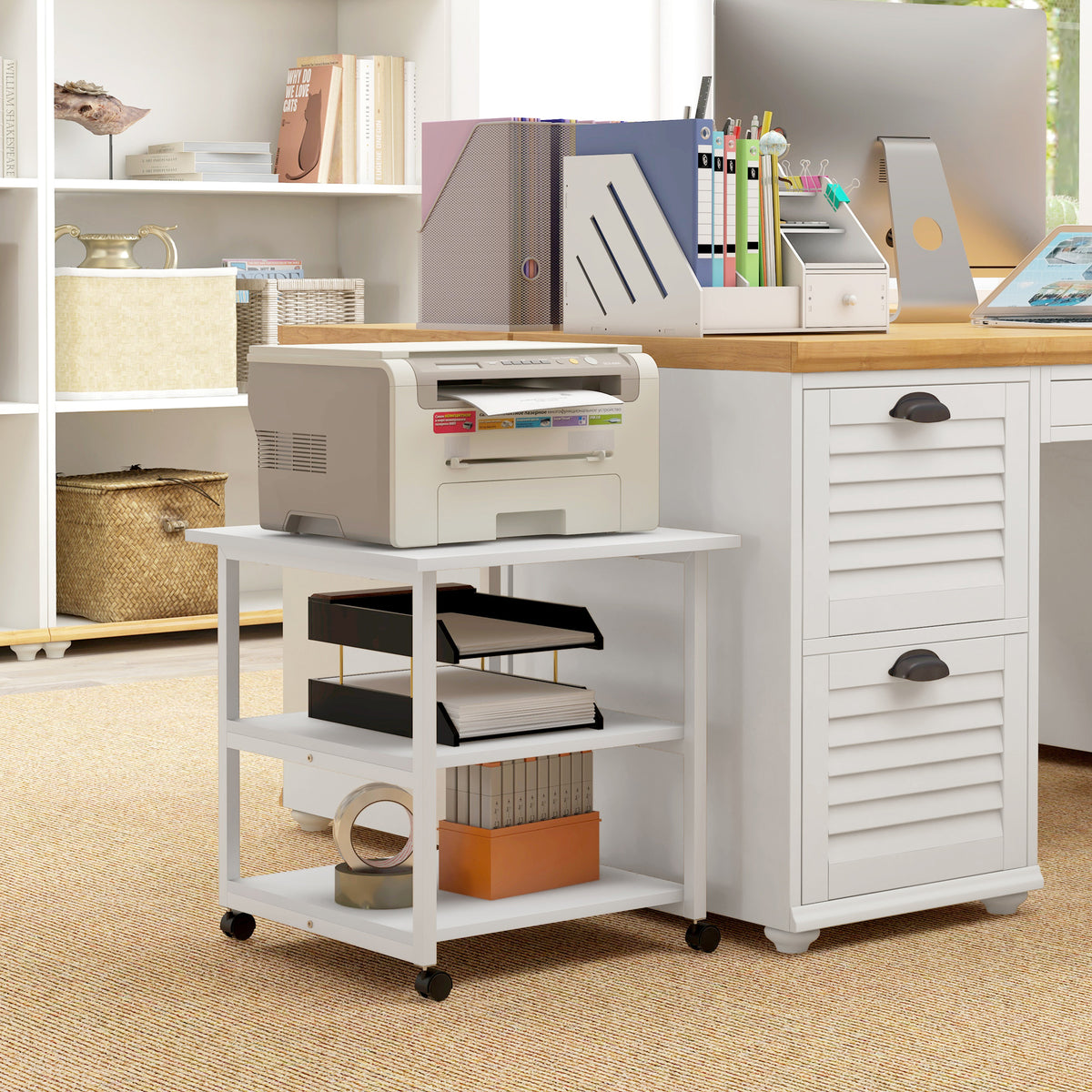 HOMCOM Druckertisch mit Rolle, Druckerständer mit 3-Ebene, Druckerhalter Stahl, 50 x 50 x 52,5 cm – Produktabbildung 2