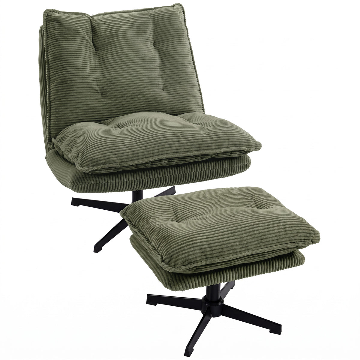 HOMCOM Loungesessel mit Hocker, 360° drehbar, Cordbezug, höhenverstellbare Fußstütze, Grün