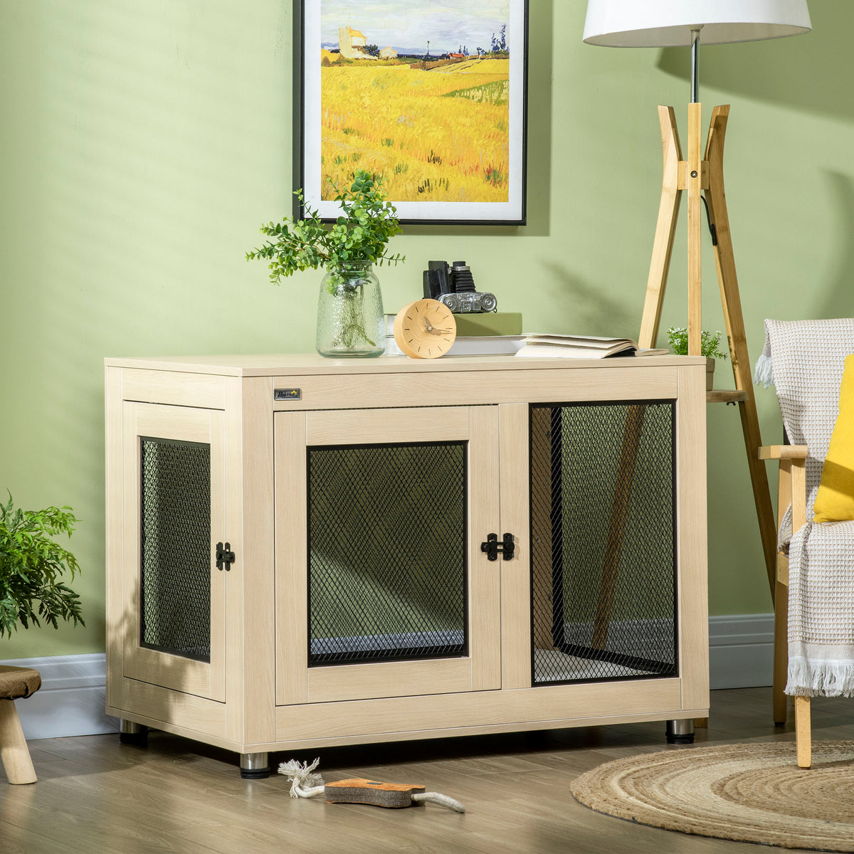 PawHut Hundebox Hundekäfig, Modernes Design, verriegelbar, 2 Türen, 94 cm x 60 cm x 71,5 cm, Natur + – Produktabbildung 2