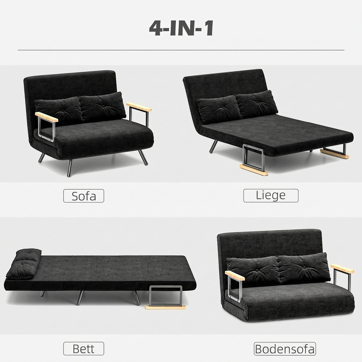 HOMCOM Schlafsofa 2er-Sofa Samtsofa, Schlaffunktion, inkl. 2 Kissen, Samtoptik, Schwarz – Produktabbildung 4
