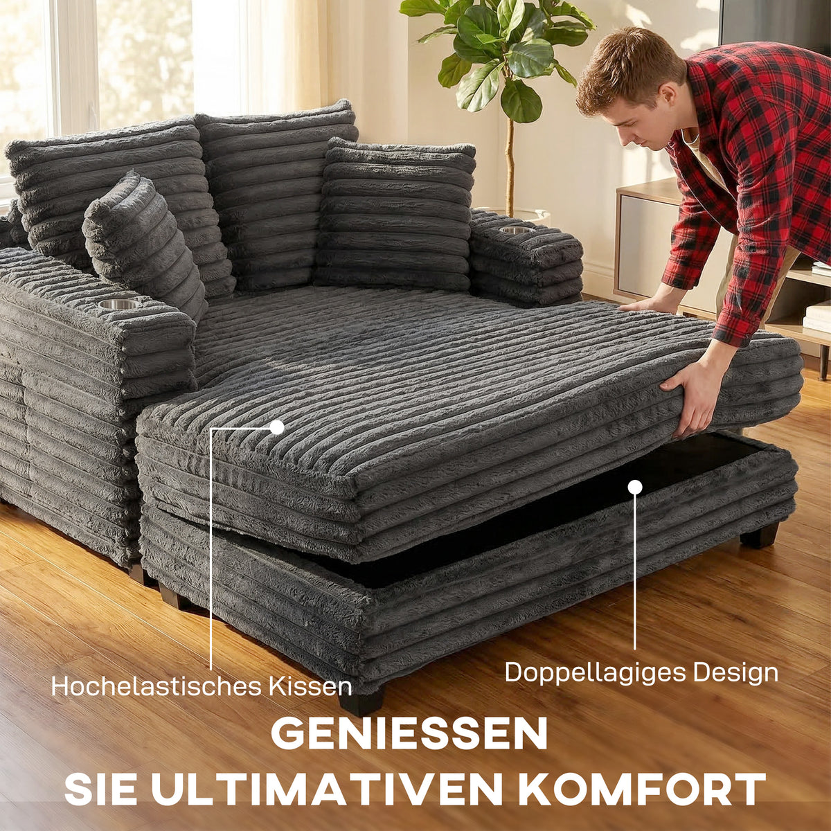 HOMCOM Chaiselongue 2 Sitzer Groß Schlafsofa 134 x 151 cm mit Becherhalter für Wohnzimmer, Grau – Produktabbildung 4