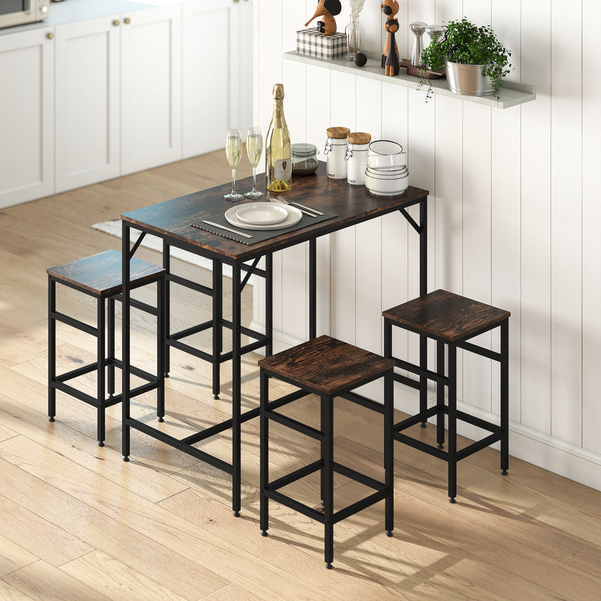 5-teiliges Bartisch Set Bartisch mit Barhocker-Set Esstisch mit 4 Stühlen Küchentisch für Esszimmer – Produktabbildung 2