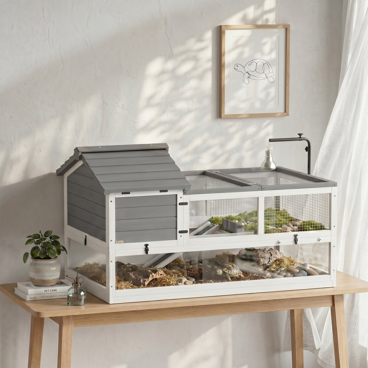 PawHut childkrötenhaus aus Holz Schildkrötengehege mit Zwei Haupthäusern aufklappbarem Oberseite – Produktabbildung 2