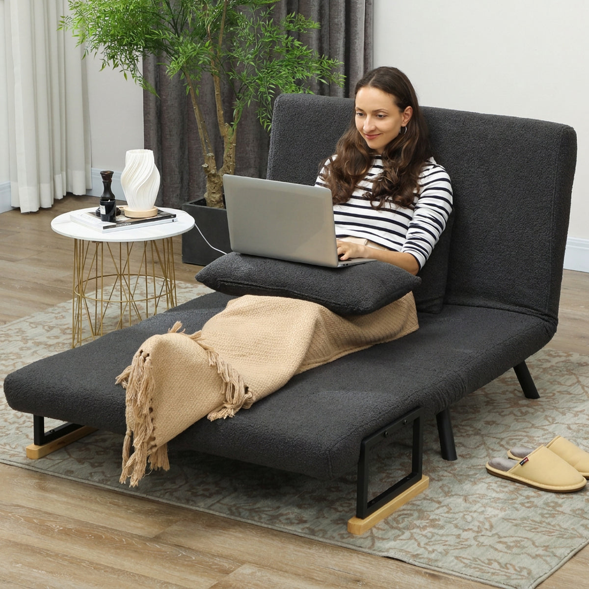 HOMCOM Schlafsofa 2er-Sofa mit Schlaffunktion, inkl. 2 Kissen, Sherpa-Optik, Natur + Dunkelgrau + – Produktabbildung 7